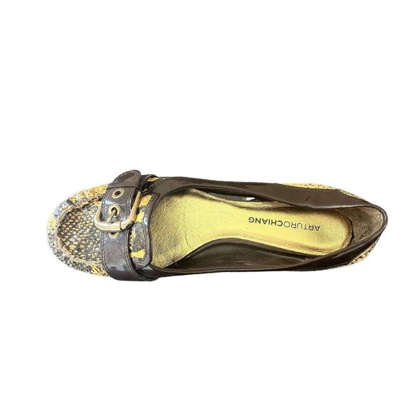 Arturo Chiang Yellow & Brown Snakeskin Flat Shoes 7.5 - Picture 3 of 13
